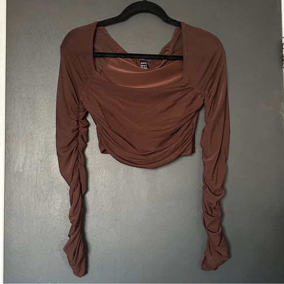 SHEIN Tops - NWOT SHEIN Chocolate Brown Mesh Ruched Top - Size Medium